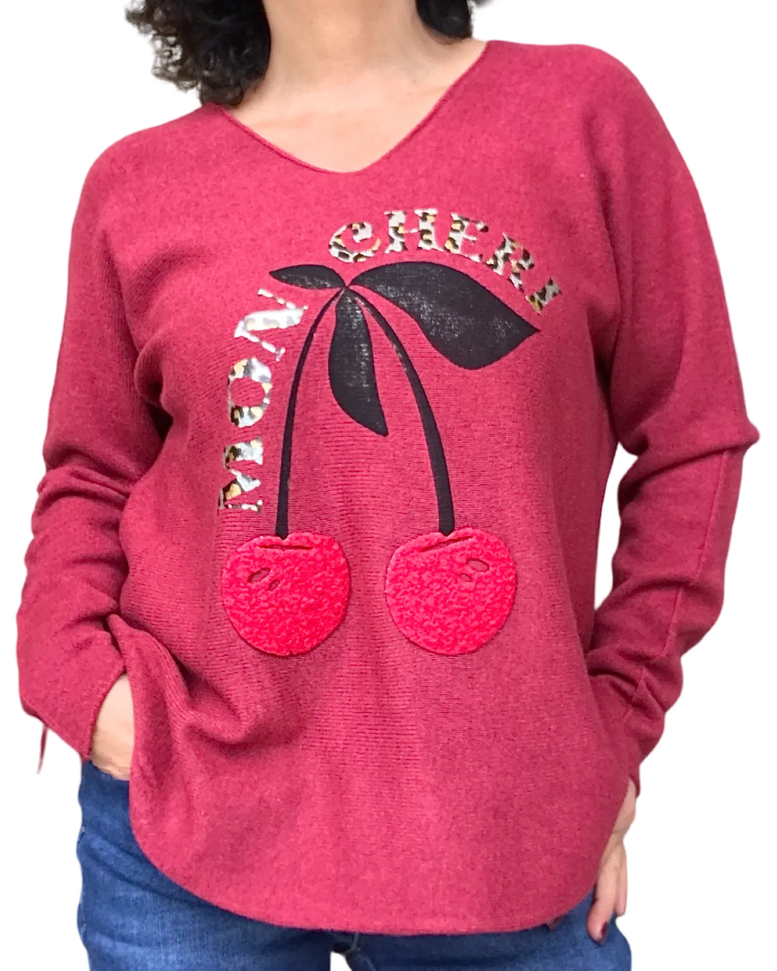 Chandail uni col en V avec cerises rouges