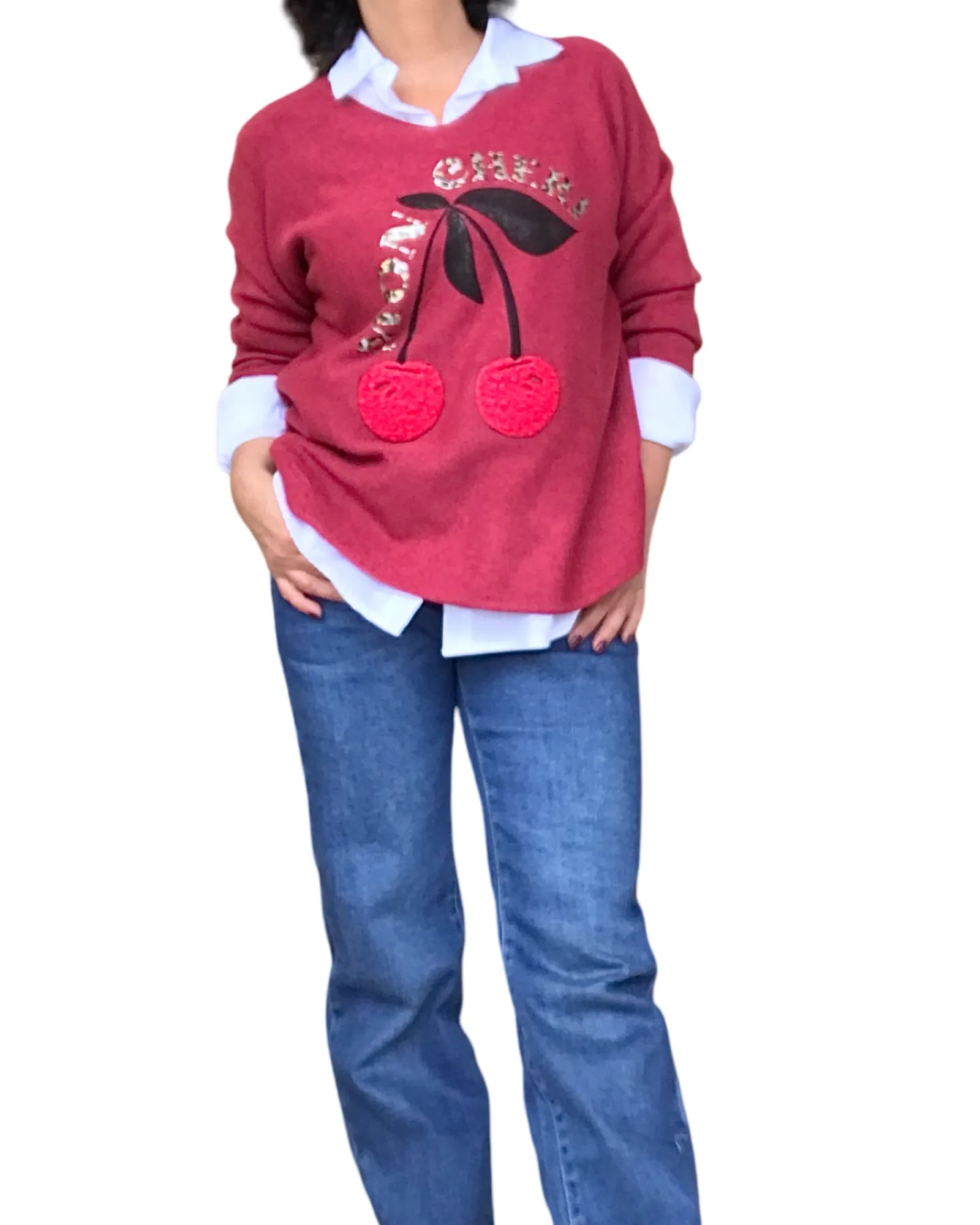 Chandail uni col en V avec cerises rouges