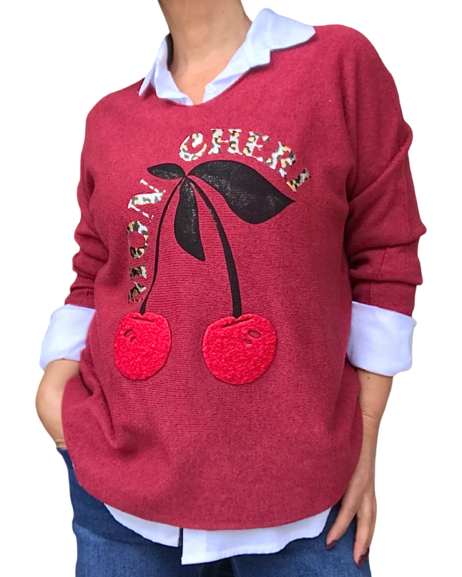 Chandail uni col en V avec cerises rouges