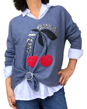 Chandail uni col en V avec cerises rouges