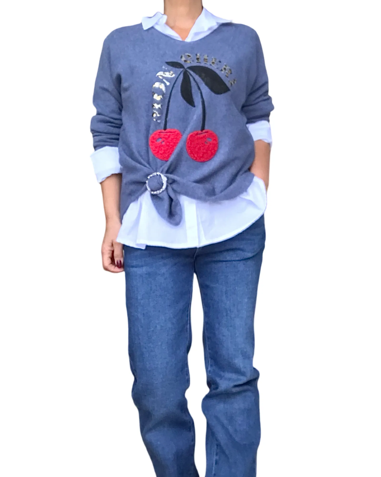 Chandail uni col en V avec cerises rouges
