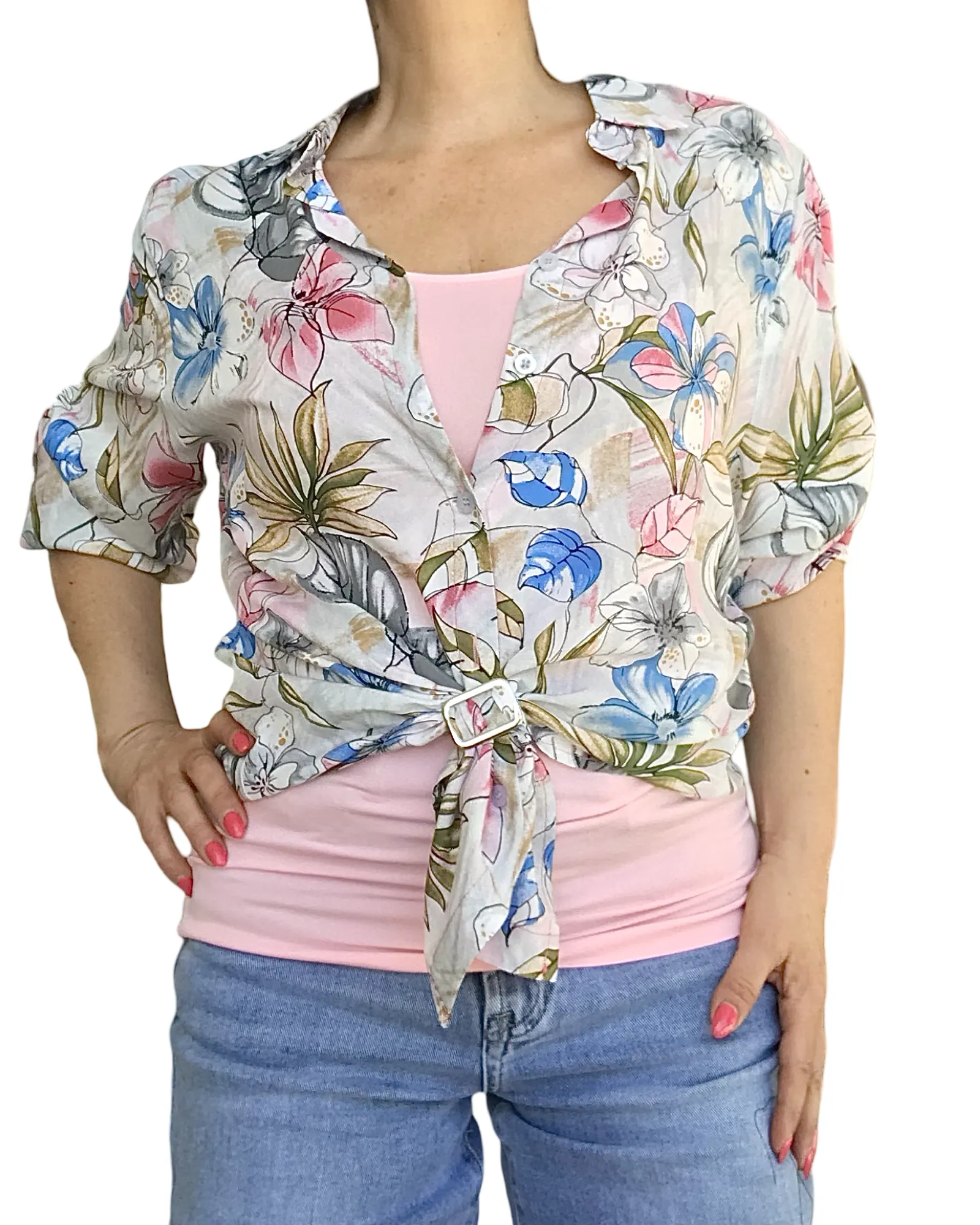 Chemise fleurie gris pâle, manche longue