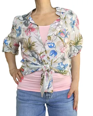 Chemise fleurie gris pâle, manche longue