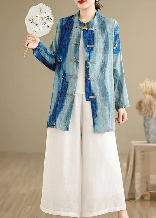Chinese Style Blue Tie Dye Oriental Button Cotton Shirts Spring TJ013