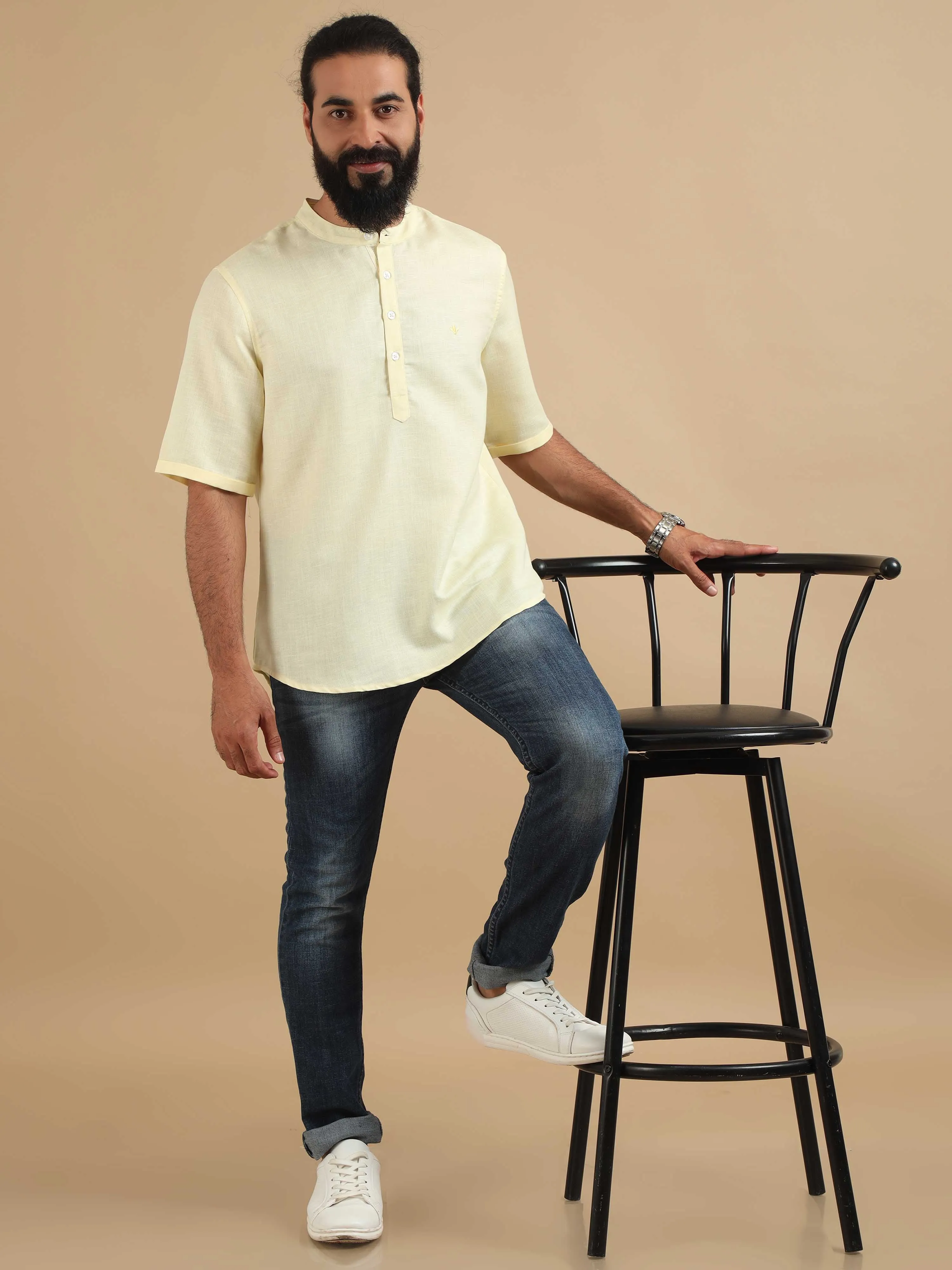 Cream Textured Short Kurta