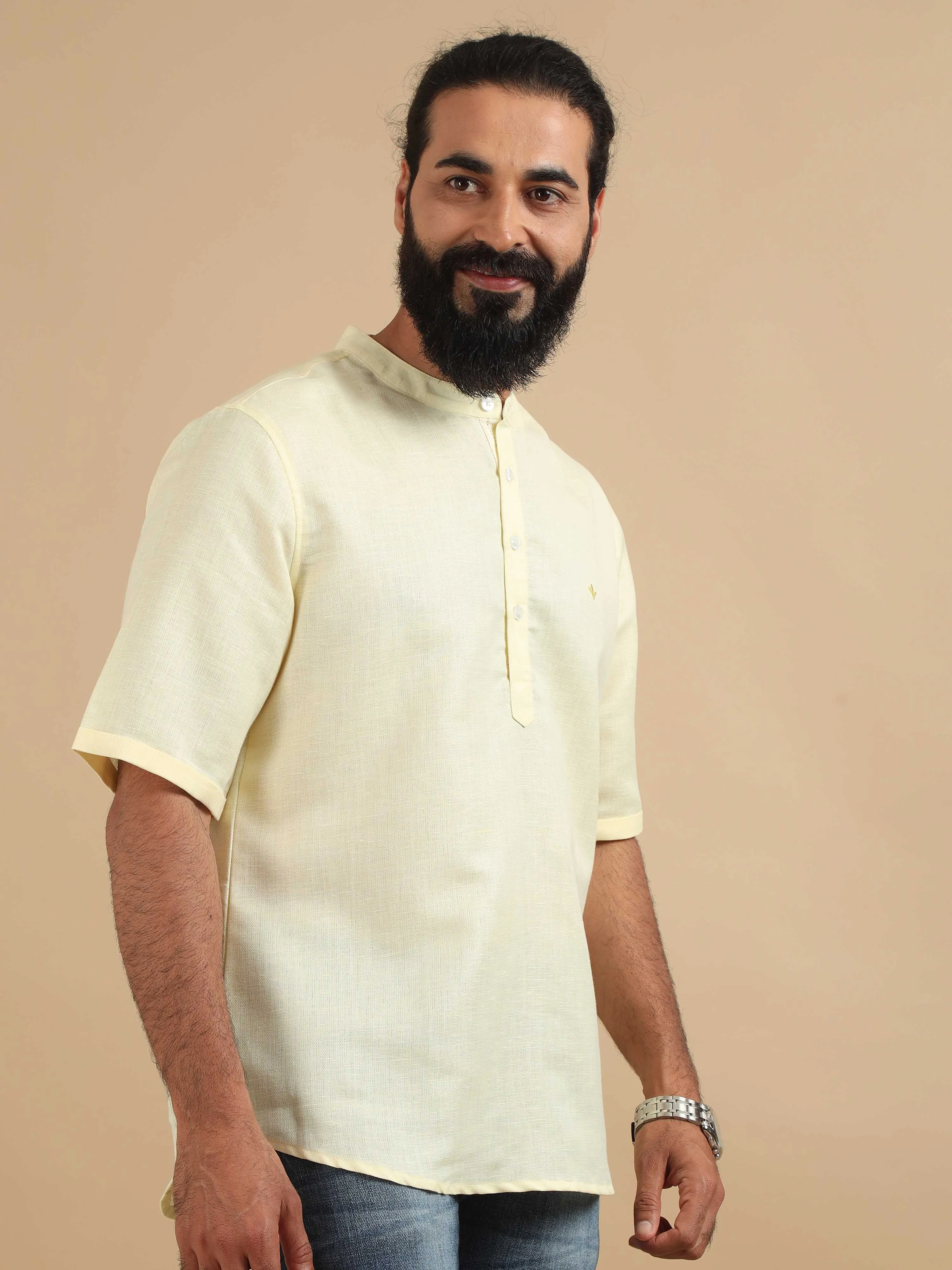 Cream Textured Short Kurta