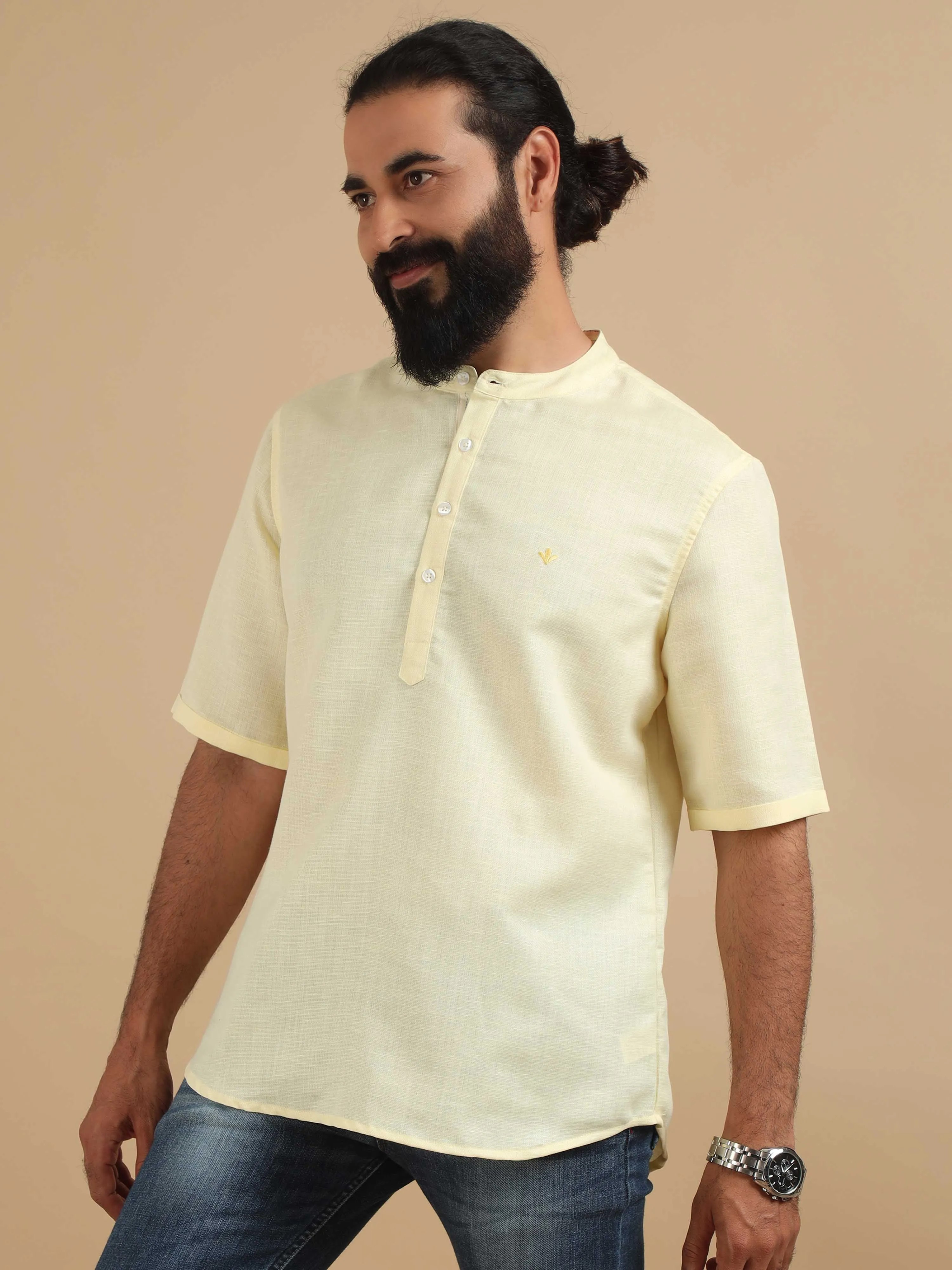 Cream Textured Short Kurta