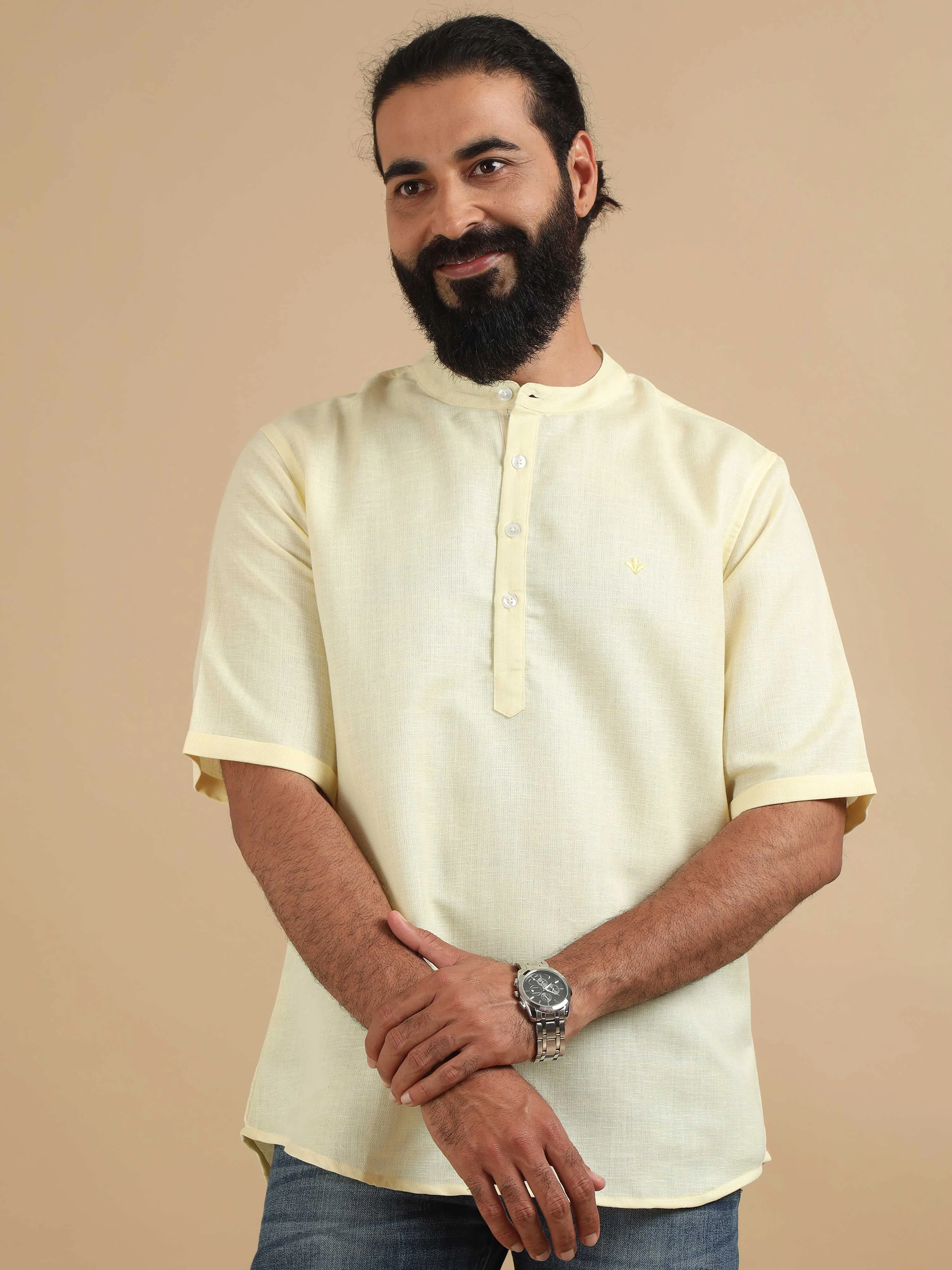 Cream Textured Short Kurta