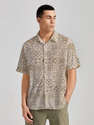 Dapper Geometry Brown Printed White Rayon Men's Shirt