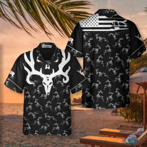 Deer Head Skull Bone America Hunting Hawaiian Shirt, Black And White Deer Hunting Shirt,