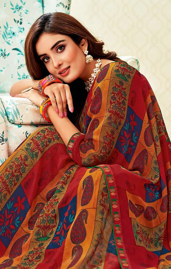 Designer Maroon Georgette Printed Saree for Casual Wear (D506)