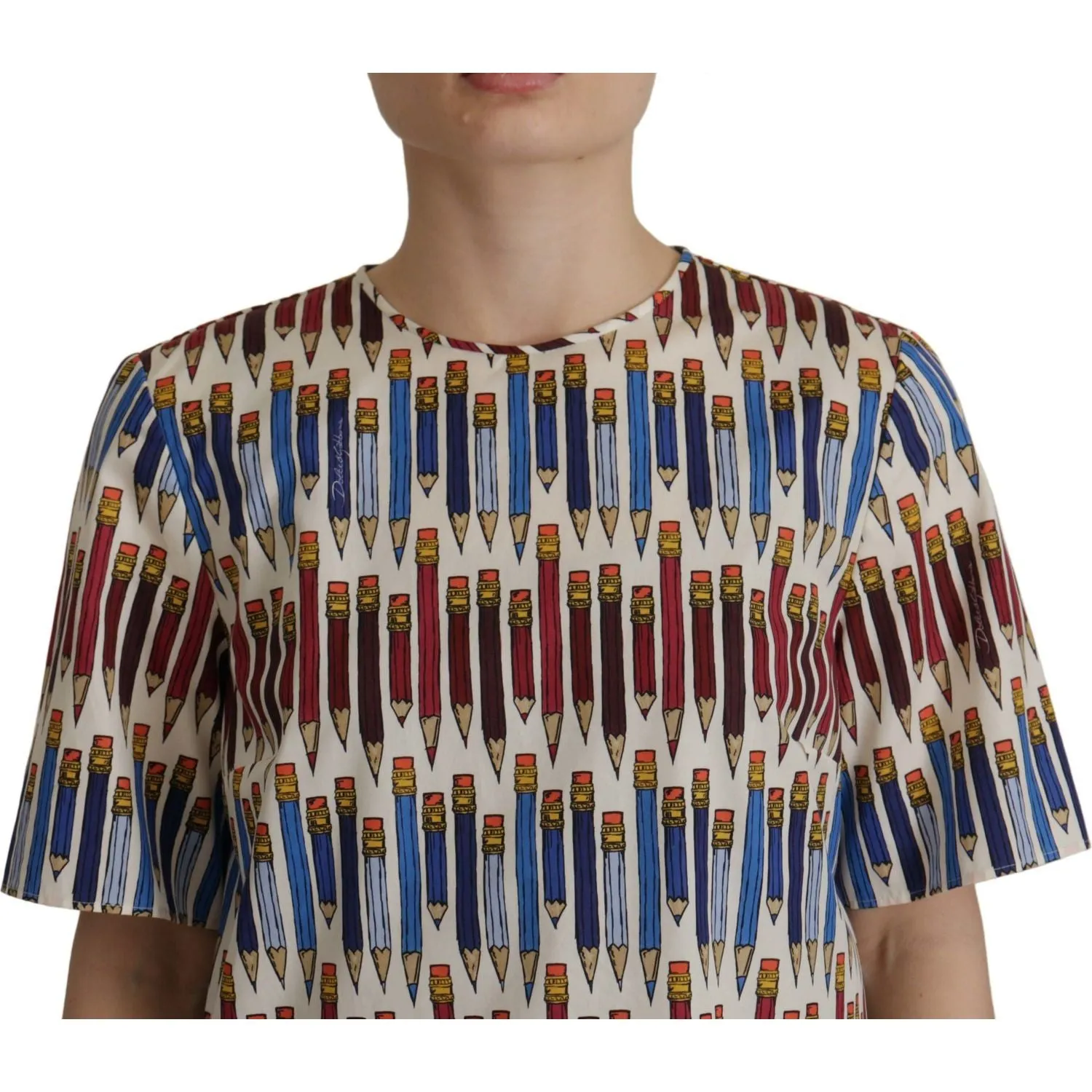 Dolce & Gabbana Chic White Pencil Print Short Sleeve Blouse