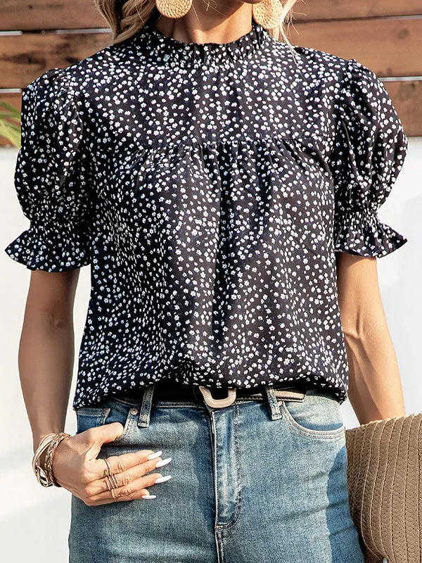 Elastics Floral Printed Split-Joint Bishop Sleeve Stand Collar Blouses&Shirts Tops