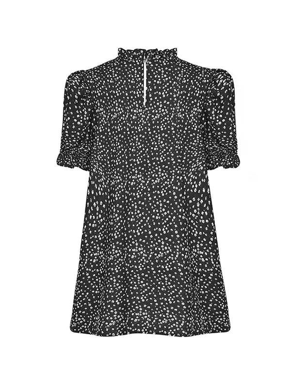 Elastics Floral Printed Split-Joint Bishop Sleeve Stand Collar Blouses&Shirts Tops