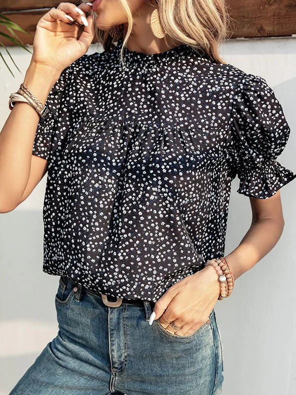 Elastics Floral Printed Split-Joint Bishop Sleeve Stand Collar Blouses&Shirts Tops