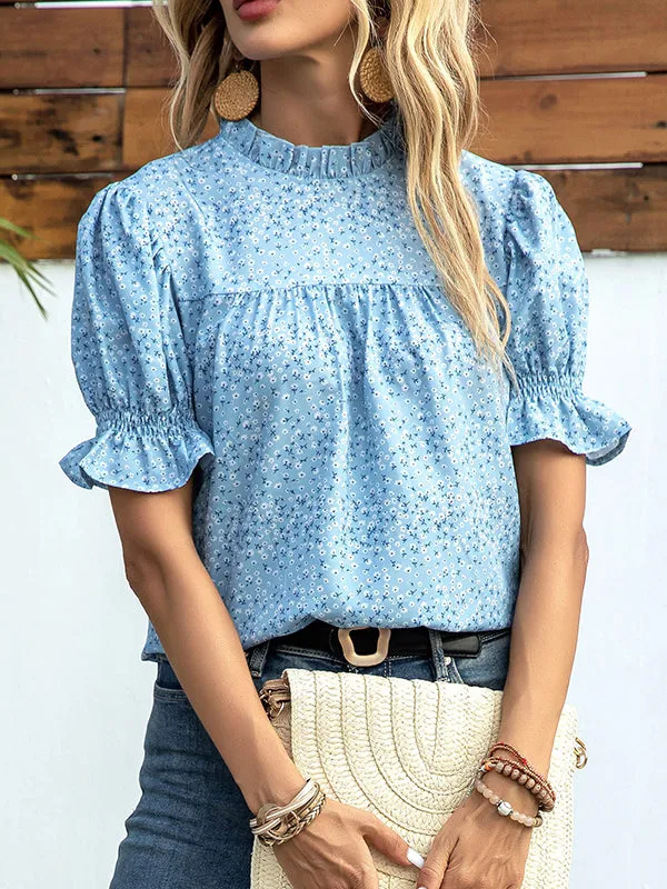 Elastics Floral Printed Split-Joint Bishop Sleeve Stand Collar Blouses&Shirts Tops