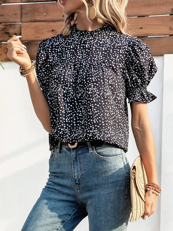 Elastics Floral Printed Split-Joint Bishop Sleeve Stand Collar Blouses&Shirts Tops
