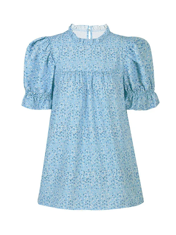 Elastics Floral Printed Split-Joint Bishop Sleeve Stand Collar Blouses&Shirts Tops