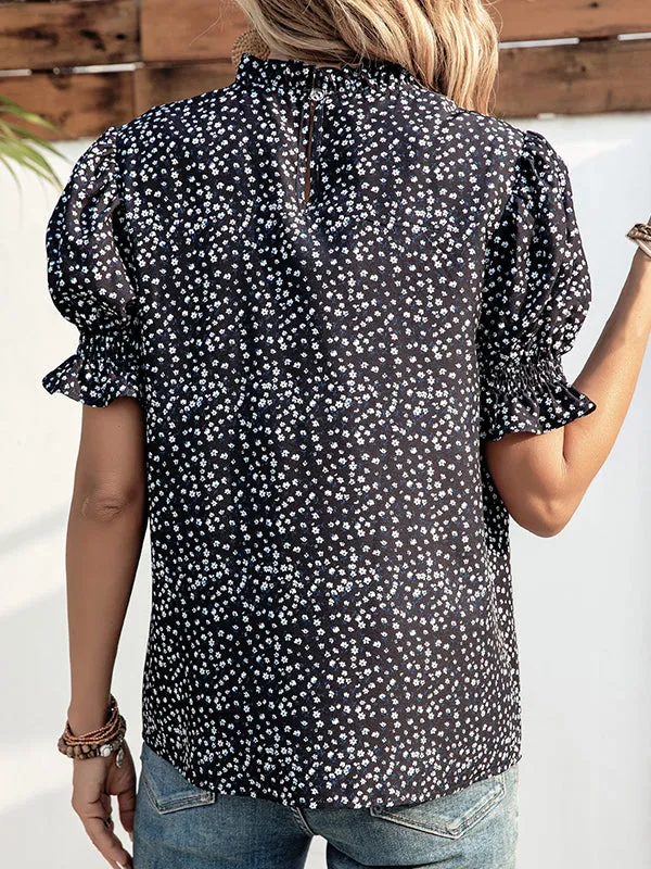 Elastics Floral Printed Split-Joint Bishop Sleeve Stand Collar Blouses&Shirts Tops