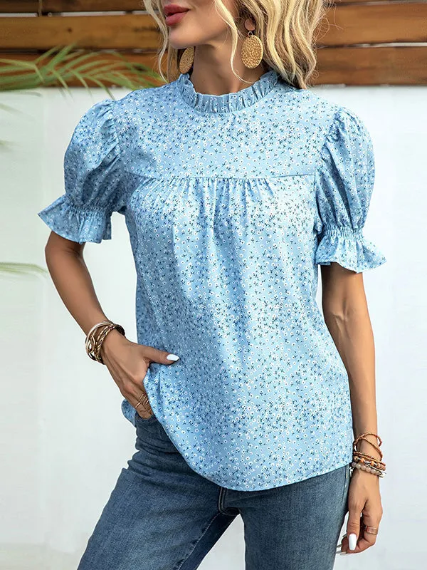 Elastics Floral Printed Split-Joint Bishop Sleeve Stand Collar Blouses&Shirts Tops