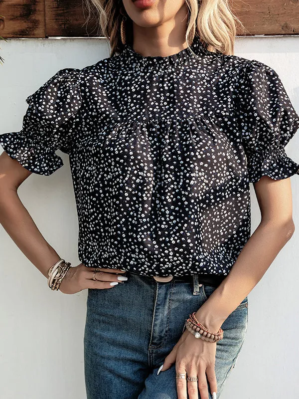 Elastics Floral Printed Split-Joint Bishop Sleeve Stand Collar Blouses&Shirts Tops