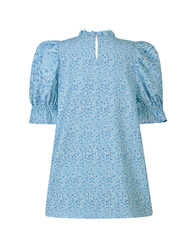 Elastics Floral Printed Split-Joint Bishop Sleeve Stand Collar Blouses&Shirts Tops