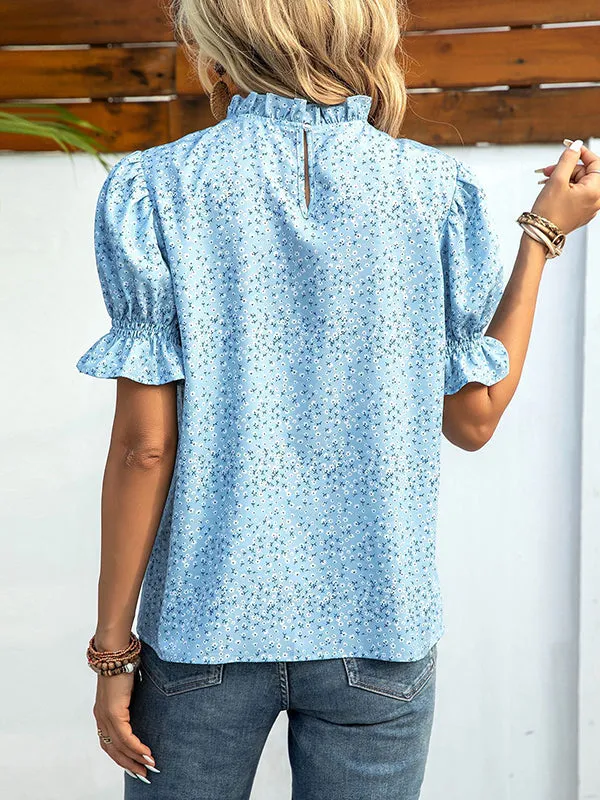 Elastics Floral Printed Split-Joint Bishop Sleeve Stand Collar Blouses&Shirts Tops