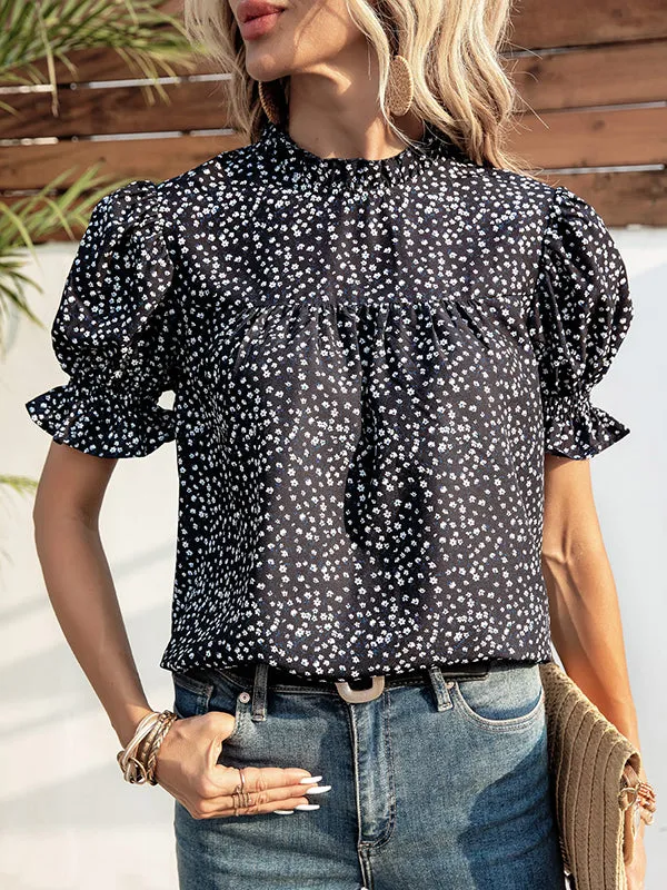 Elastics Floral Printed Split-Joint Bishop Sleeve Stand Collar Blouses&Shirts Tops