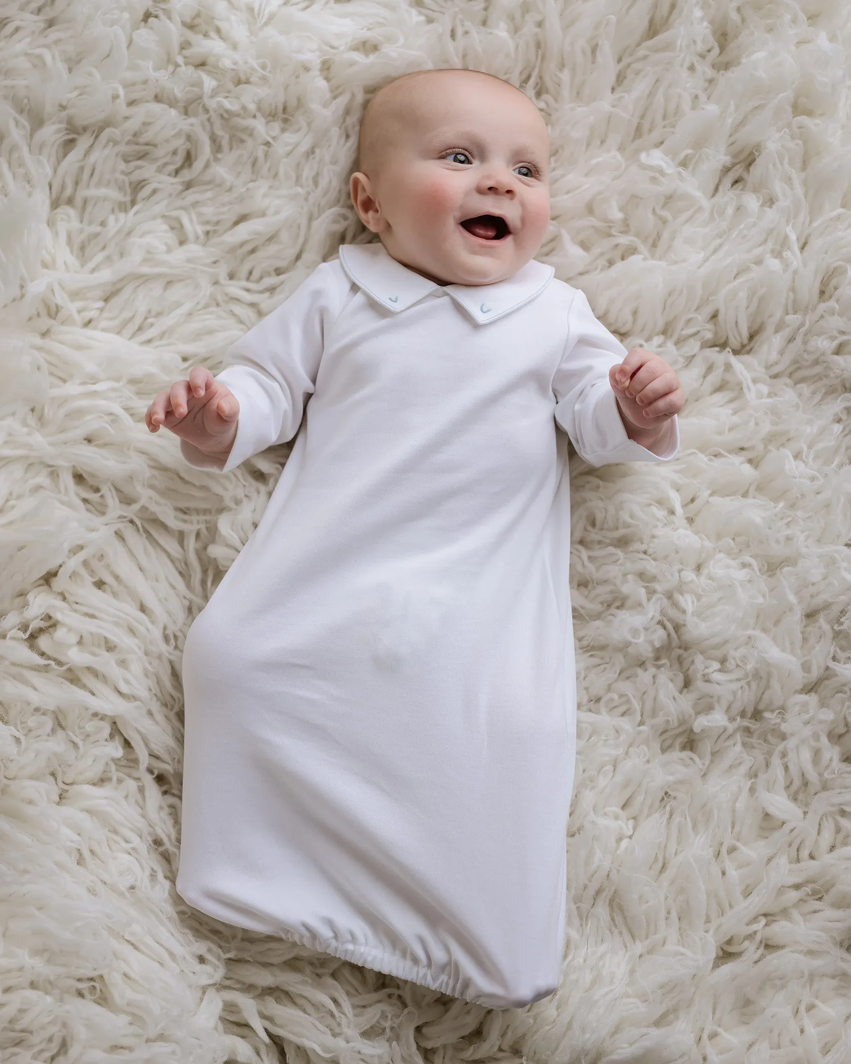 Embroidered Collar Day Gown, Lt.Blue Trim