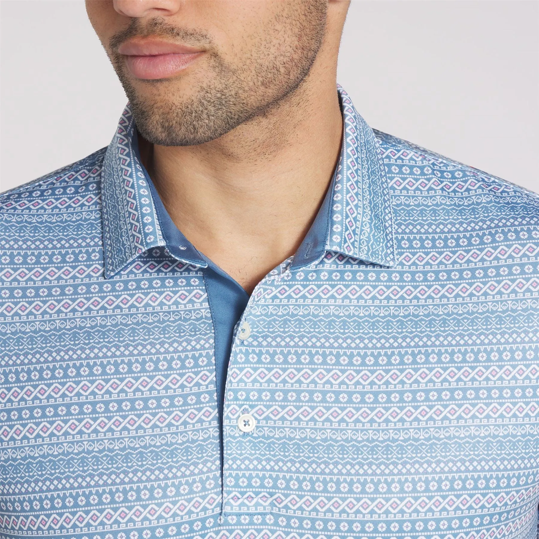 Fair Isle Micro Print Polo Blue Horizon/White Glow - AW24
