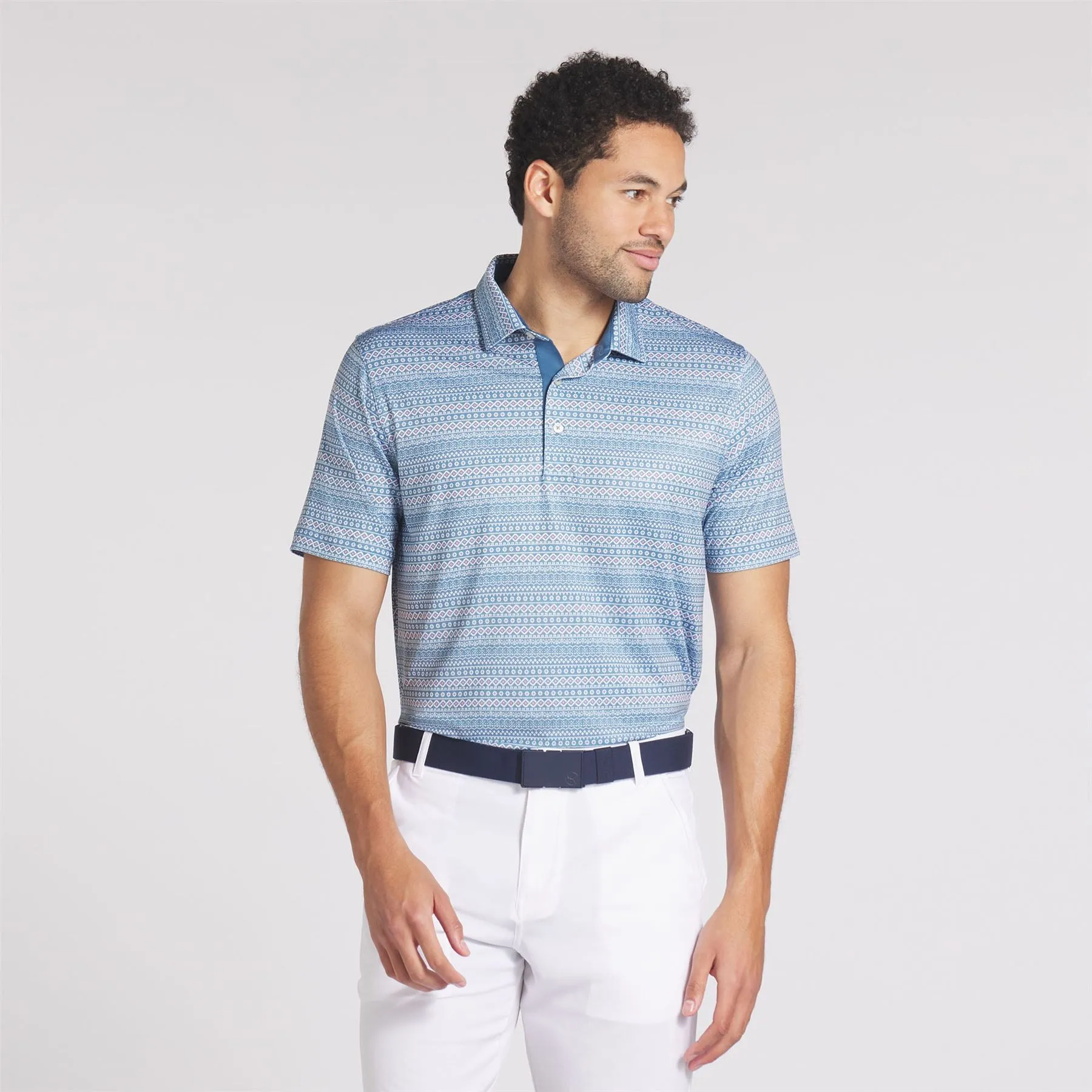 Fair Isle Micro Print Polo Blue Horizon/White Glow - AW24