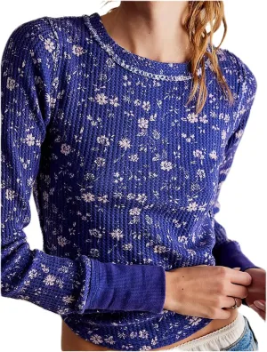 Fairy Grunge Shirts for Women Long Sleeve Floral Print Waffle Ribbed Knit Top Y2k Slim Fit Cute Crewneck Streetwear