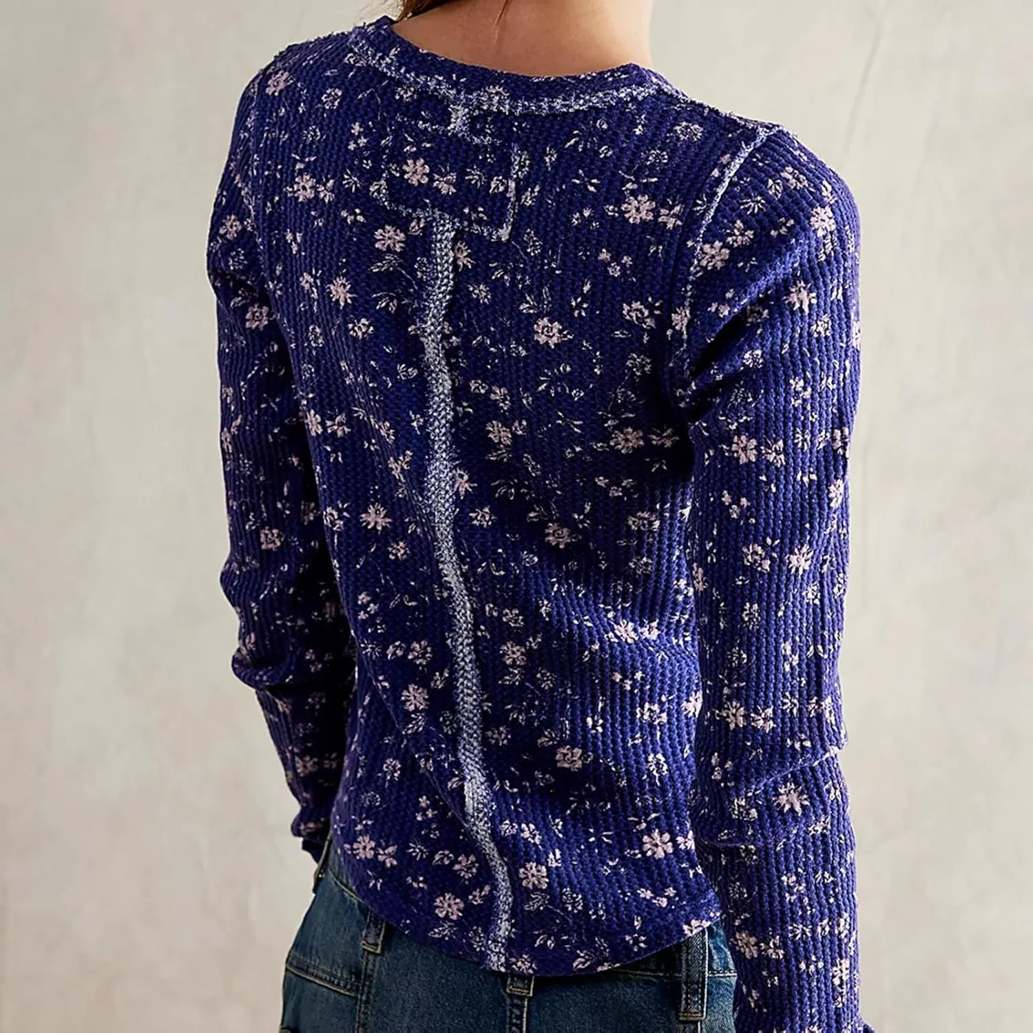 Fairy Grunge Shirts for Women Long Sleeve Floral Print Waffle Ribbed Knit Top Y2k Slim Fit Cute Crewneck Streetwear