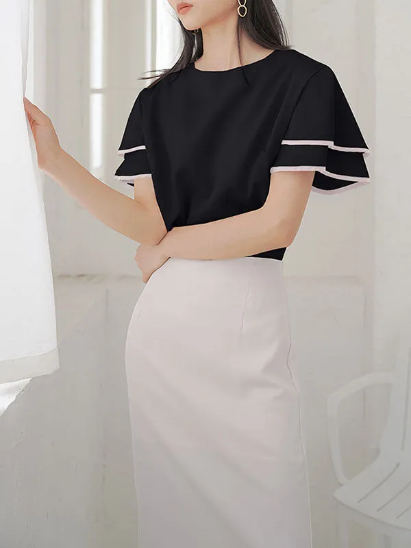 Falbala Tiered Short Sleeves Round-Neck T-Shirts Tops