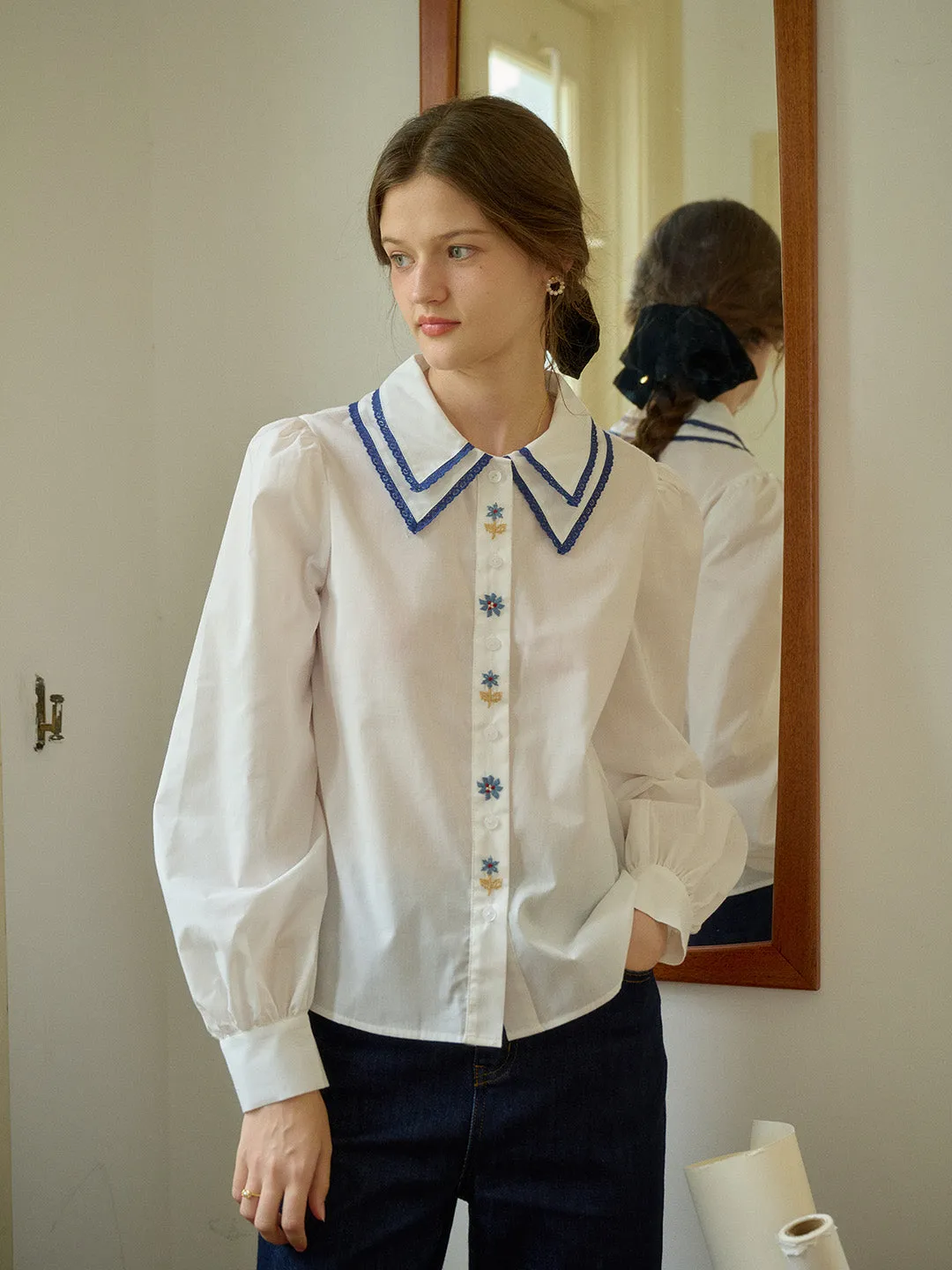 【Final Sale】Sarah Embroidery Contrast Collar Casual Shirts