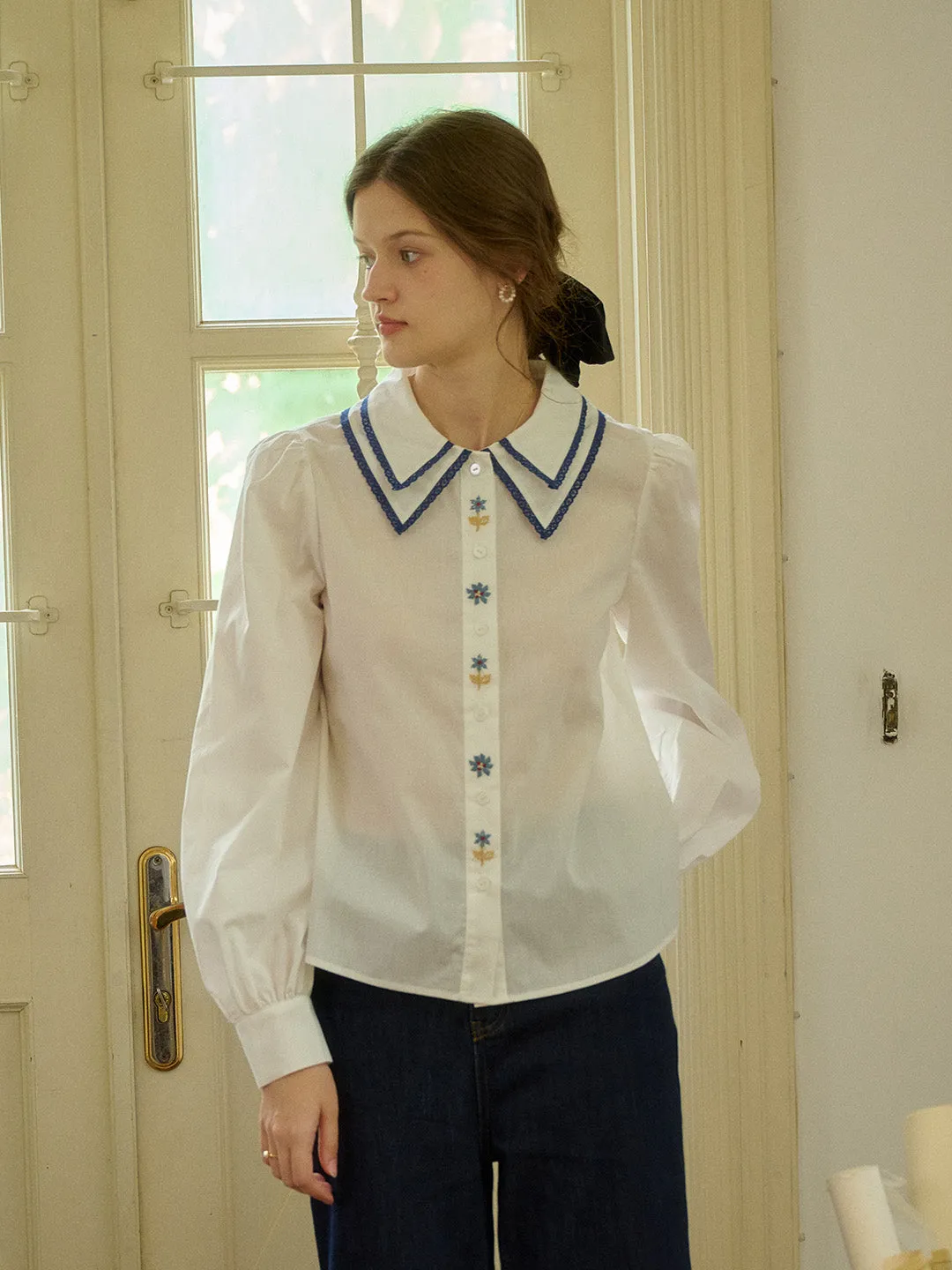 【Final Sale】Sarah Embroidery Contrast Collar Casual Shirts