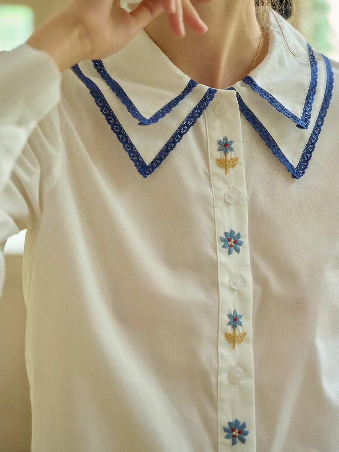 【Final Sale】Sarah Embroidery Contrast Collar Casual Shirts