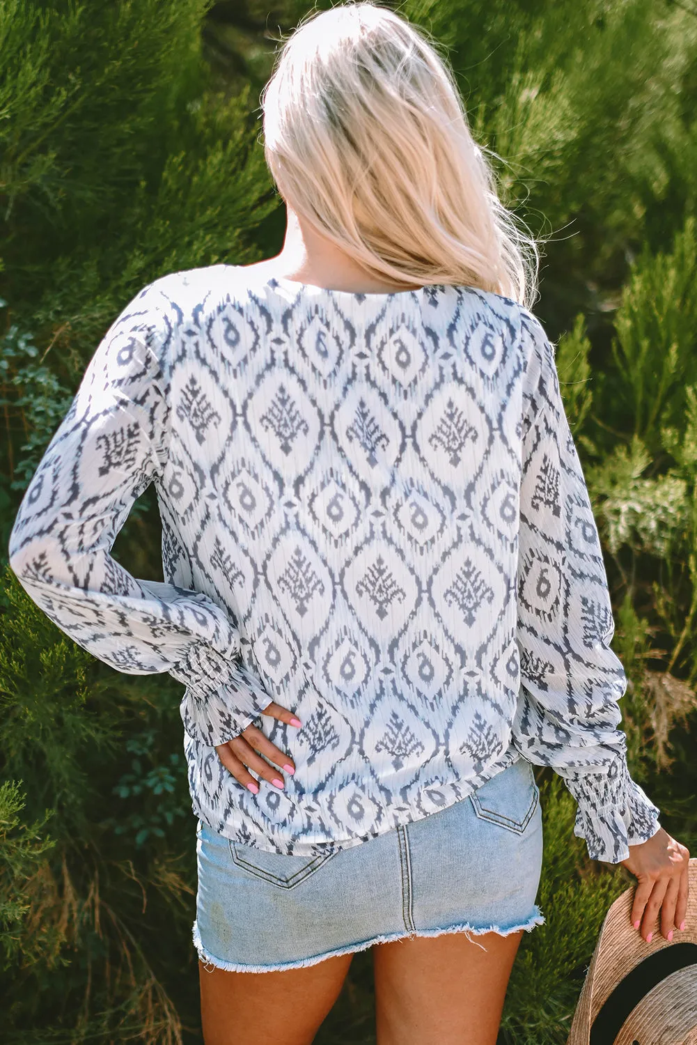 Geometric Print Shirred Puff Sleeve V Neck Blouse