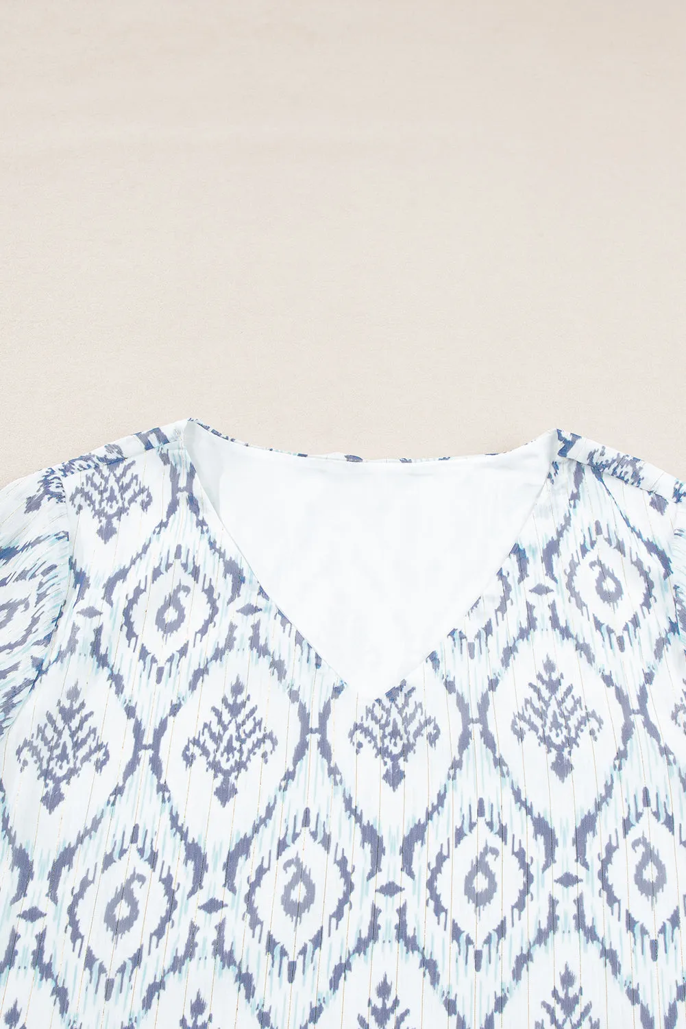 Geometric Print Shirred Puff Sleeve V Neck Blouse