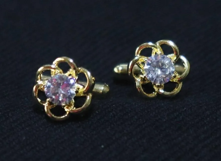 Golden Flower Crystal Designer Metallic Cufflinks
