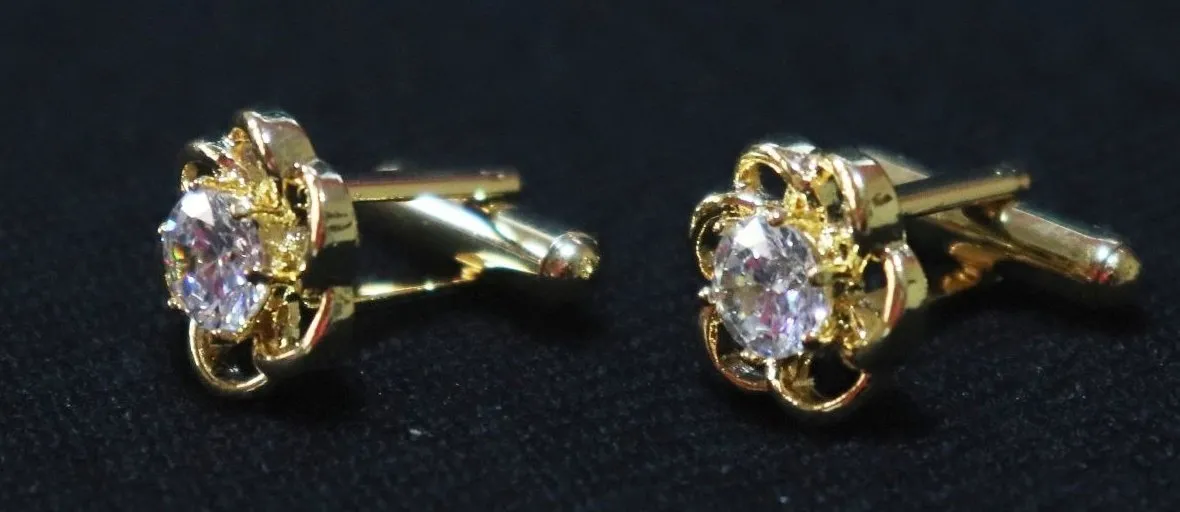 Golden Flower Crystal Designer Metallic Cufflinks