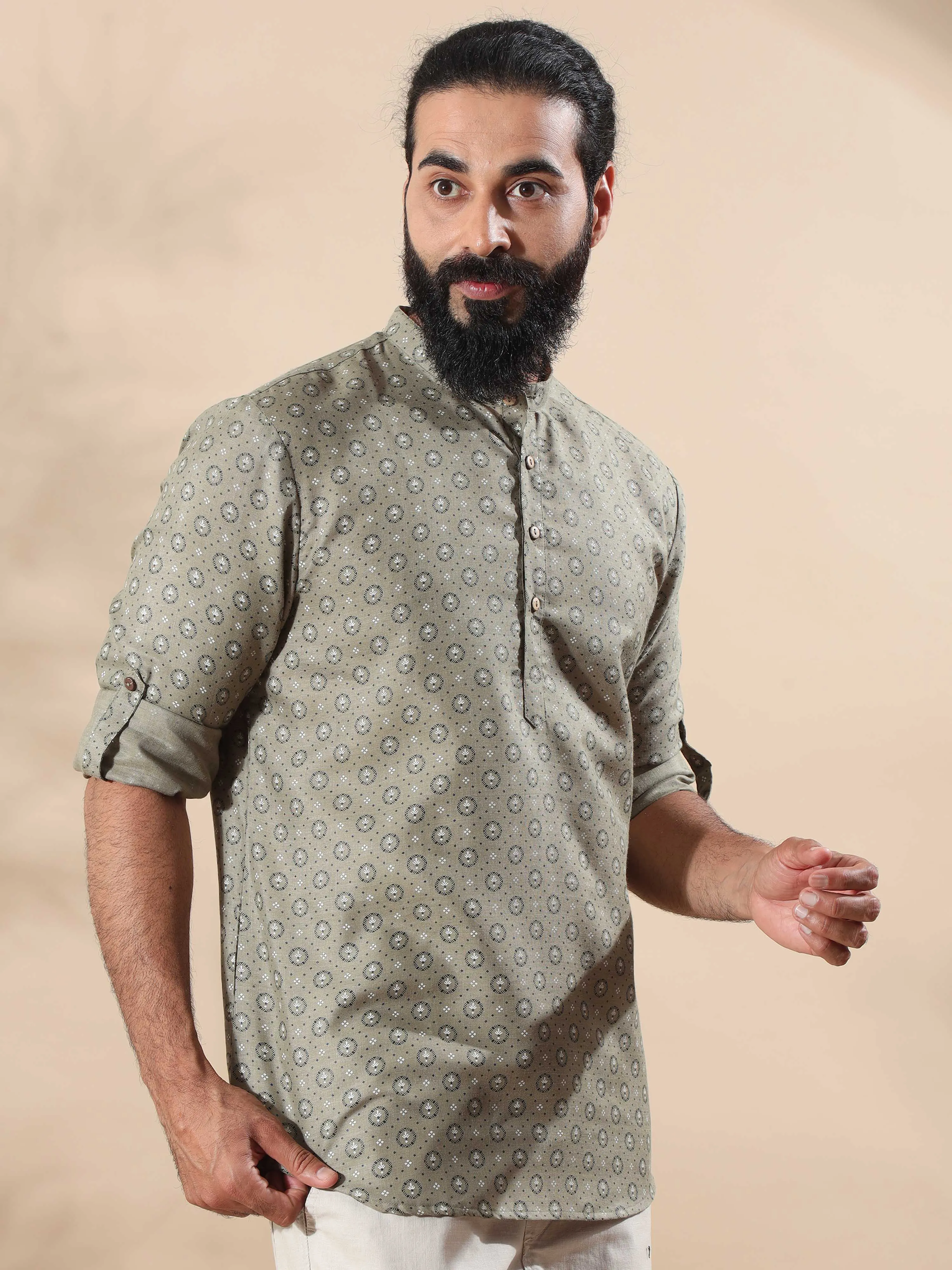Grey Printed Short Kurta Full Sleeve
