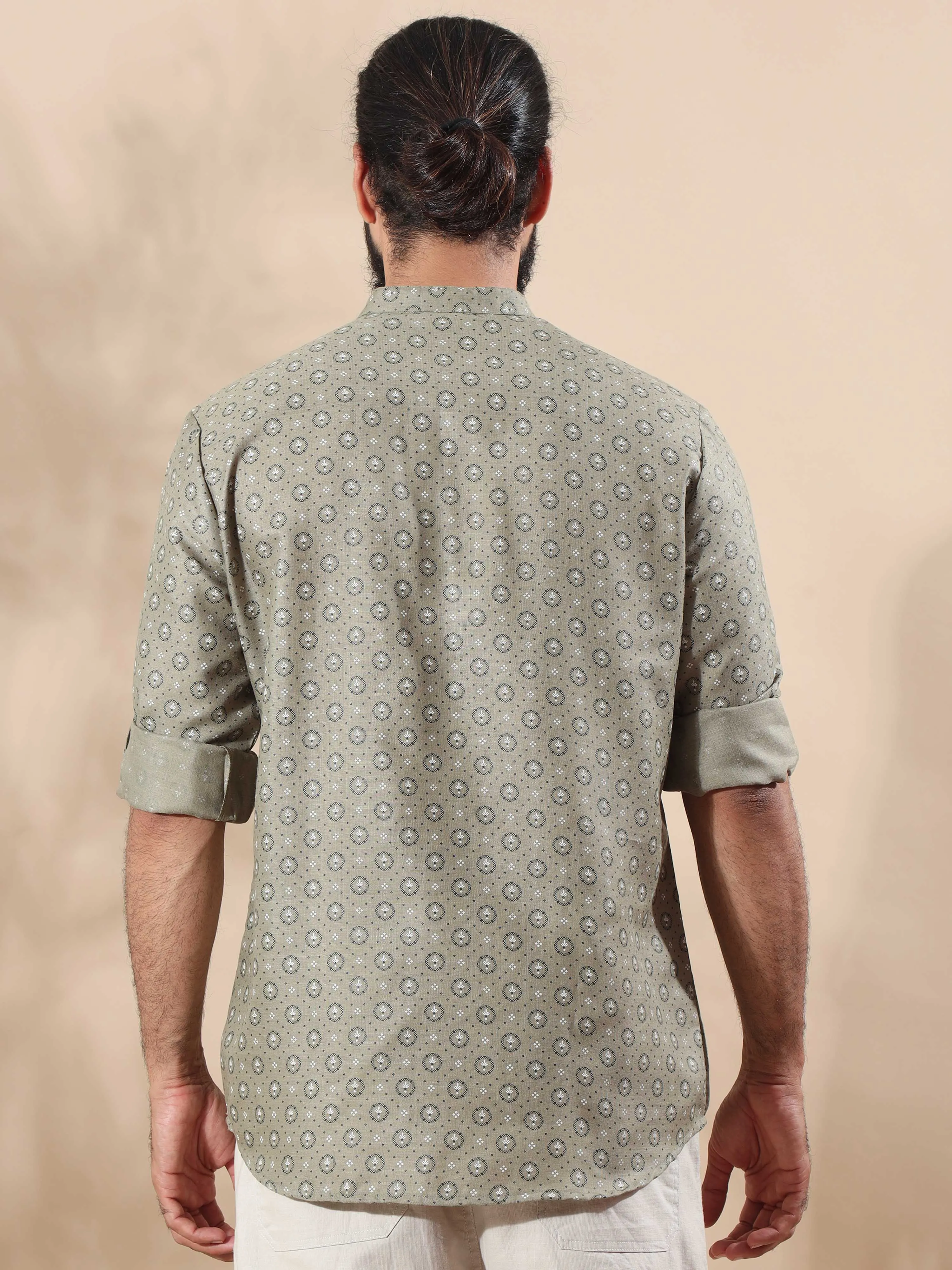Grey Printed Short Kurta Full Sleeve