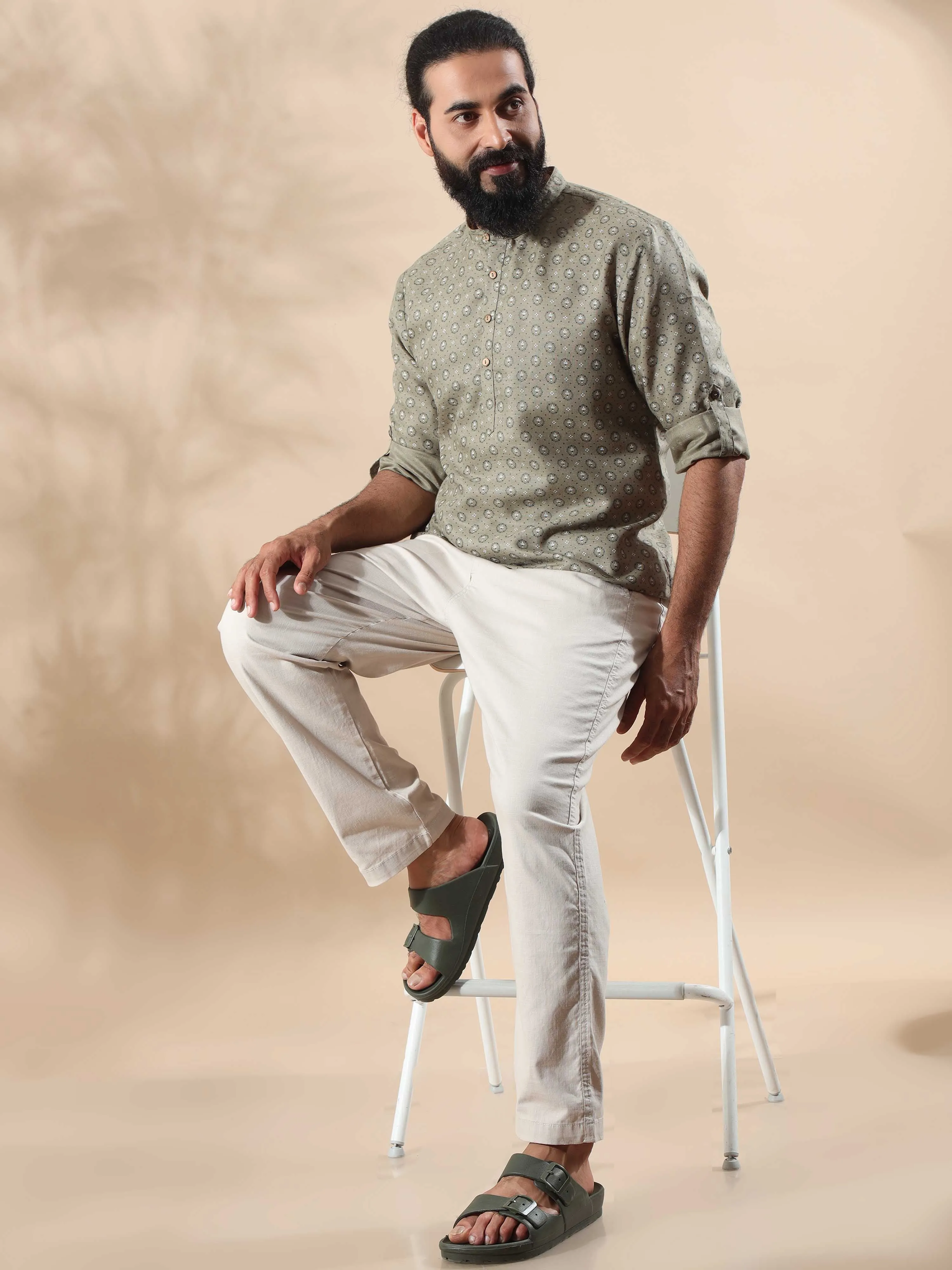 Grey Printed Short Kurta Full Sleeve