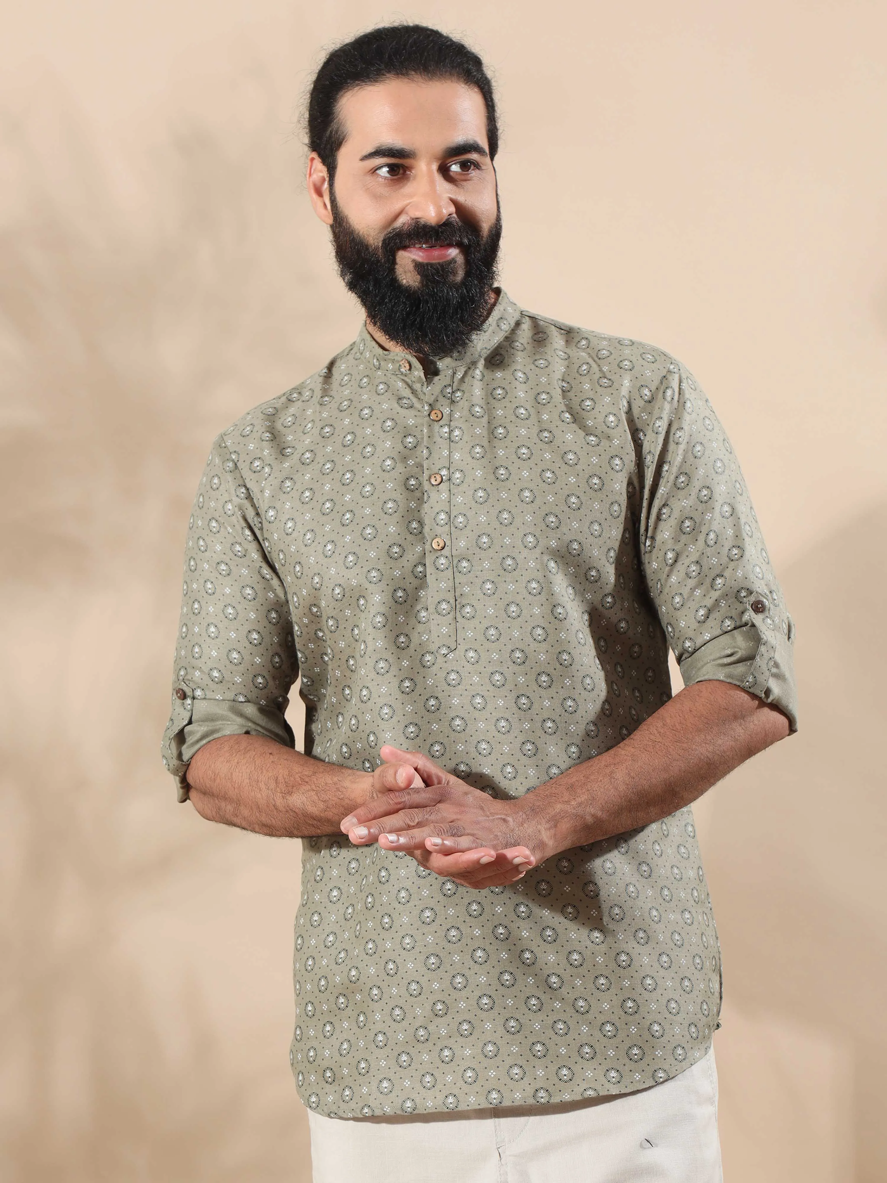 Grey Printed Short Kurta Full Sleeve