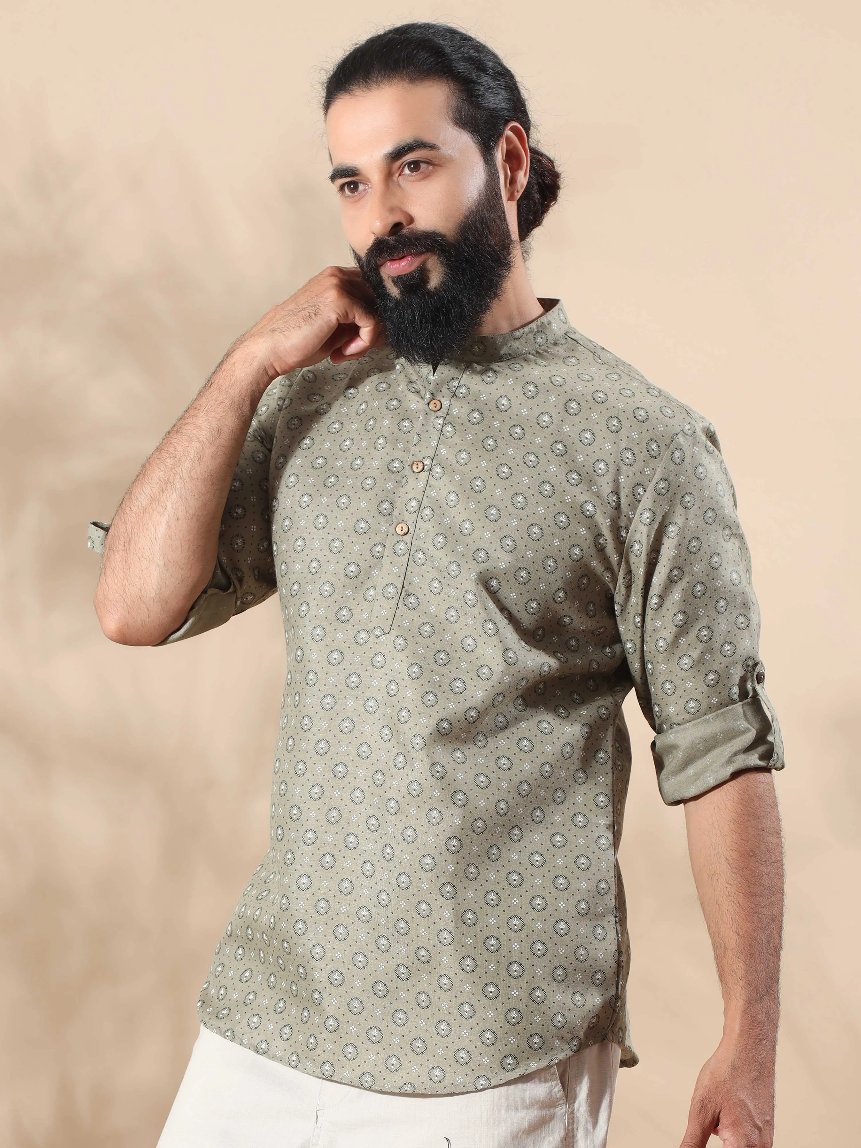 Grey Printed Short Kurta Full Sleeve