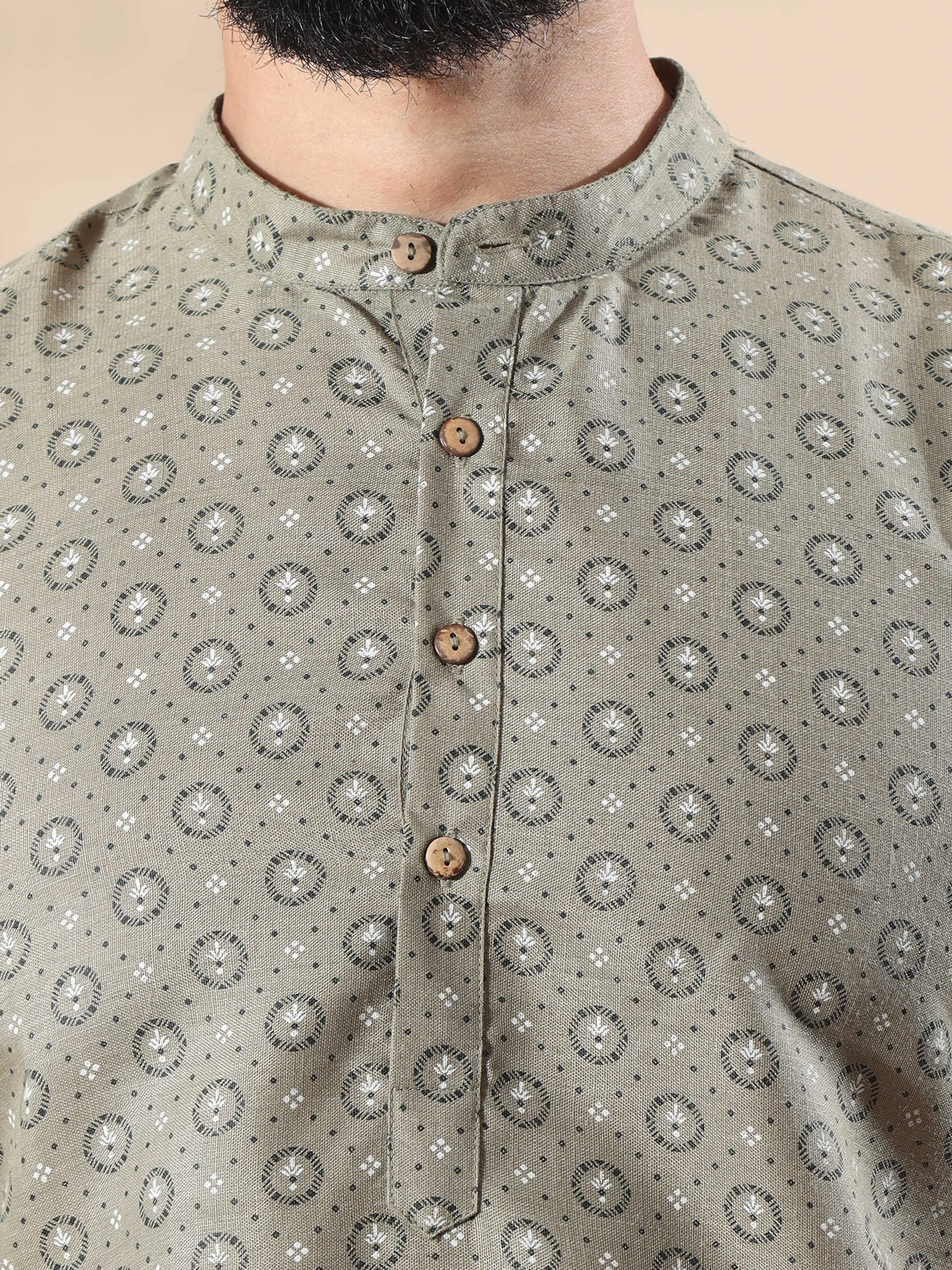 Grey Printed Short Kurta Full Sleeve