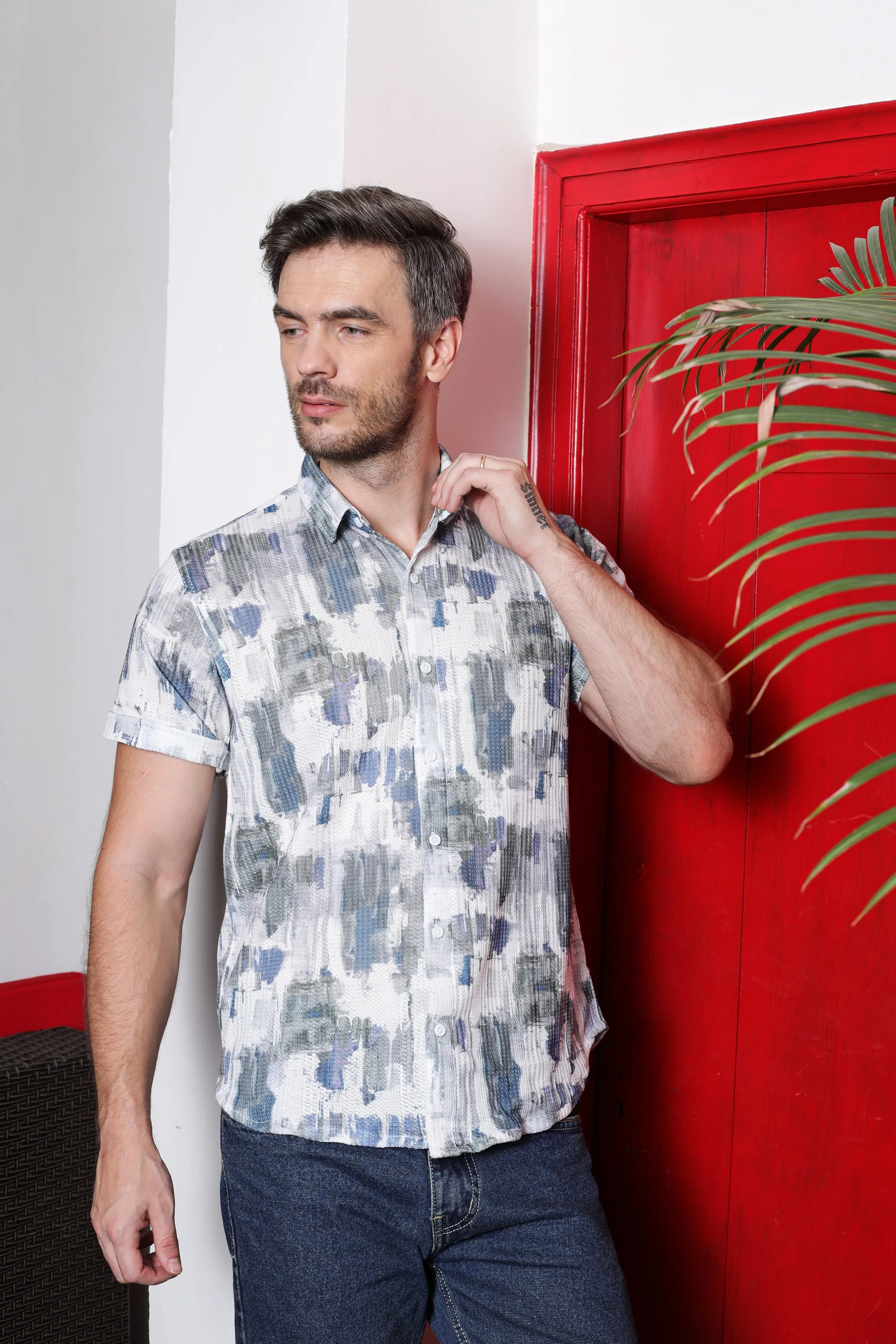 Halfsleeve Blue Green Printed Knit Shirt