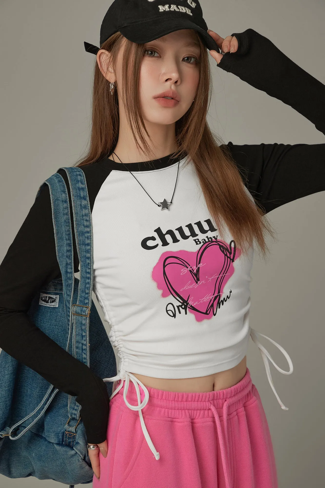 Heart Color Contrast Shirring T-Shirt