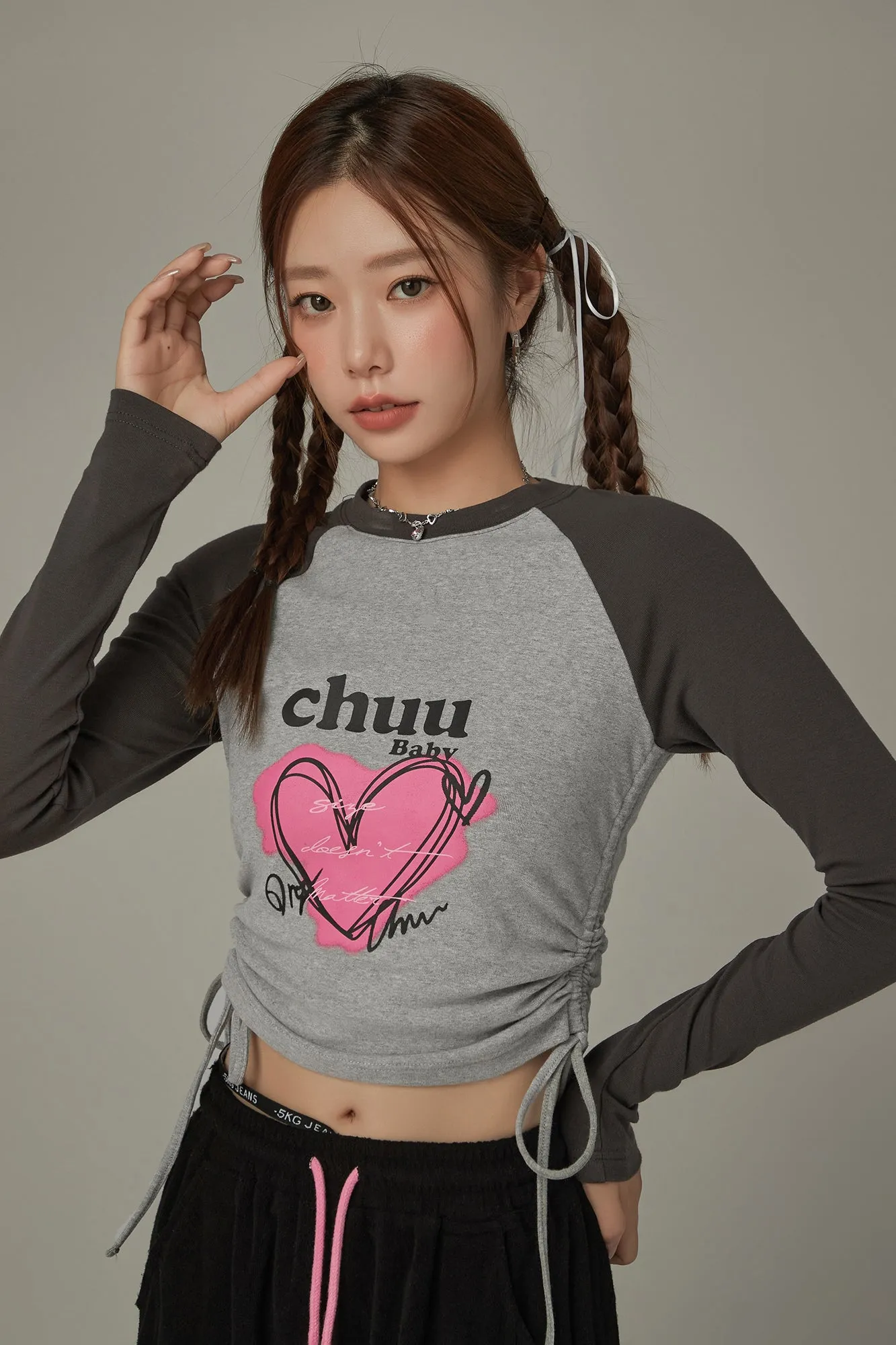 Heart Color Contrast Shirring T-Shirt